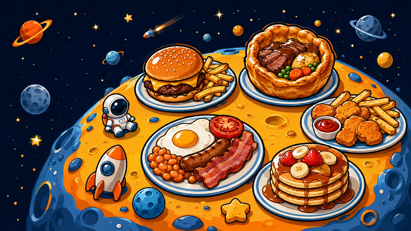 Rocket Ron's food spread laid out on a moon surface — burger, Yorkshire pudding wrap, full English breakfast, pancakes and chicken bites