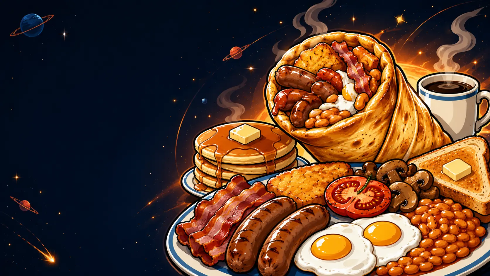 Full English breakfast with bacon, sausages, eggs, beans, mushrooms and toast, plus pancakes and coffee