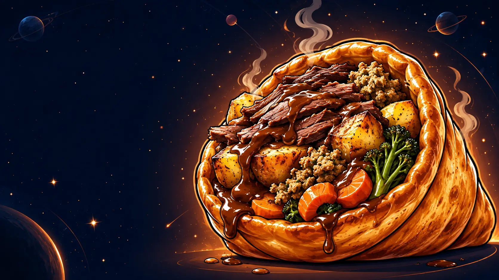 Giant Yorkshire pudding wrap filled with roast beef, roast potatoes, stuffing, vegetables and gravy