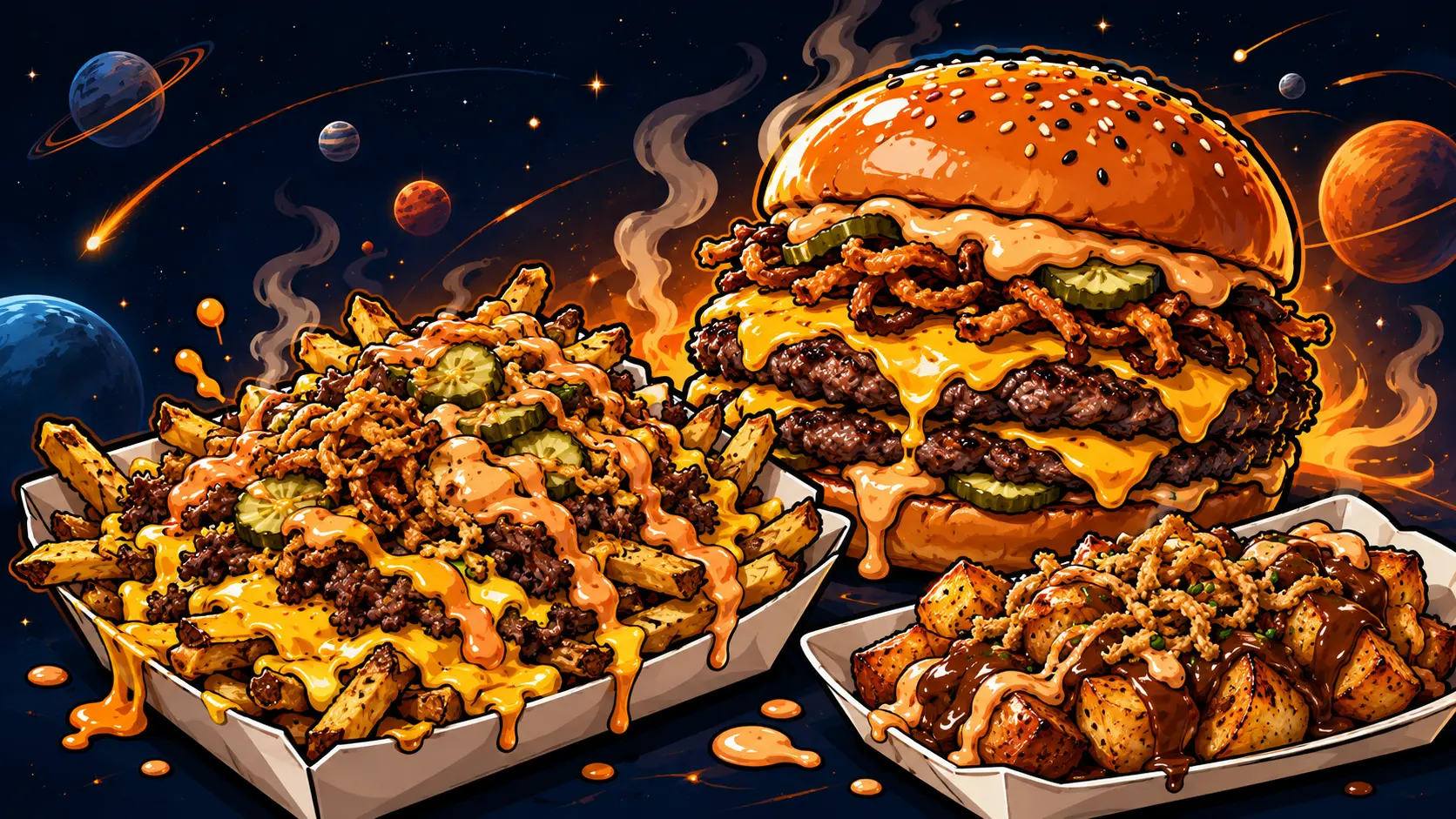 Loaded dirty fries with cheese, a double smashed cheeseburger and loaded roast potatoes with gravy