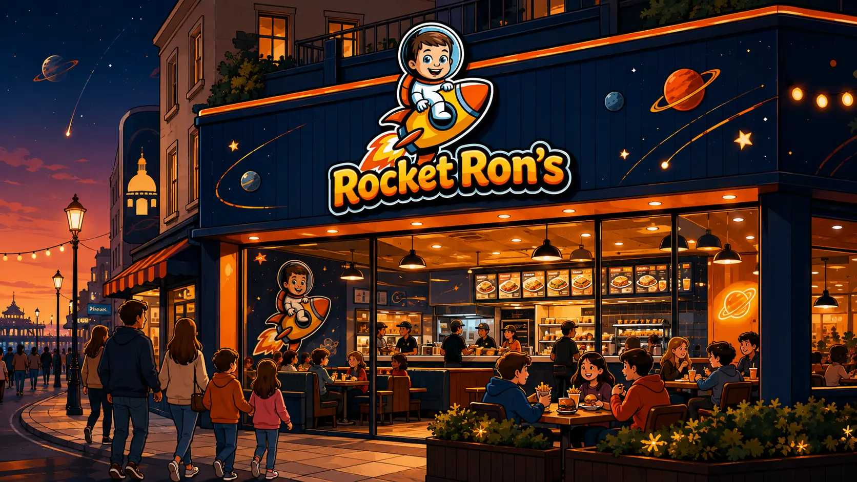 Illustration of the Rocket Ron's Brighton restaurant at dusk, lit up with families walking past and diners eating outside